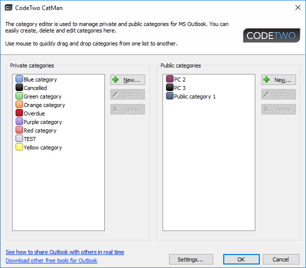 Public and private category editor in CodeTwo CatMan