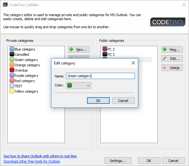 Categories in CodeTwo CatMan