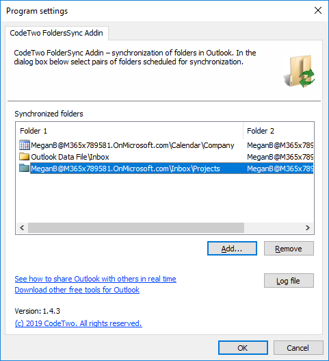 CodeTwo FolderSync Addin settings