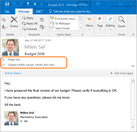 Outlook email with many recipients